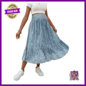 Maternity Floral Midi Skirt Shirred Waist Flowy Casual Pregnancy